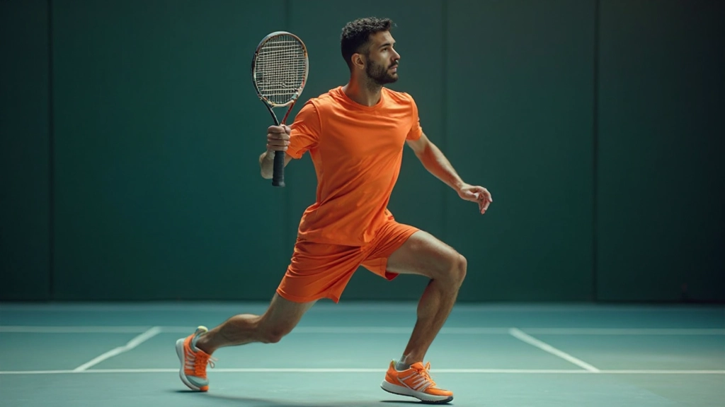 لاعب تنس يقوم بتمرين خطوات التحضير السريعة على ملعب مع توازن مثالي وحركة ديناميكية