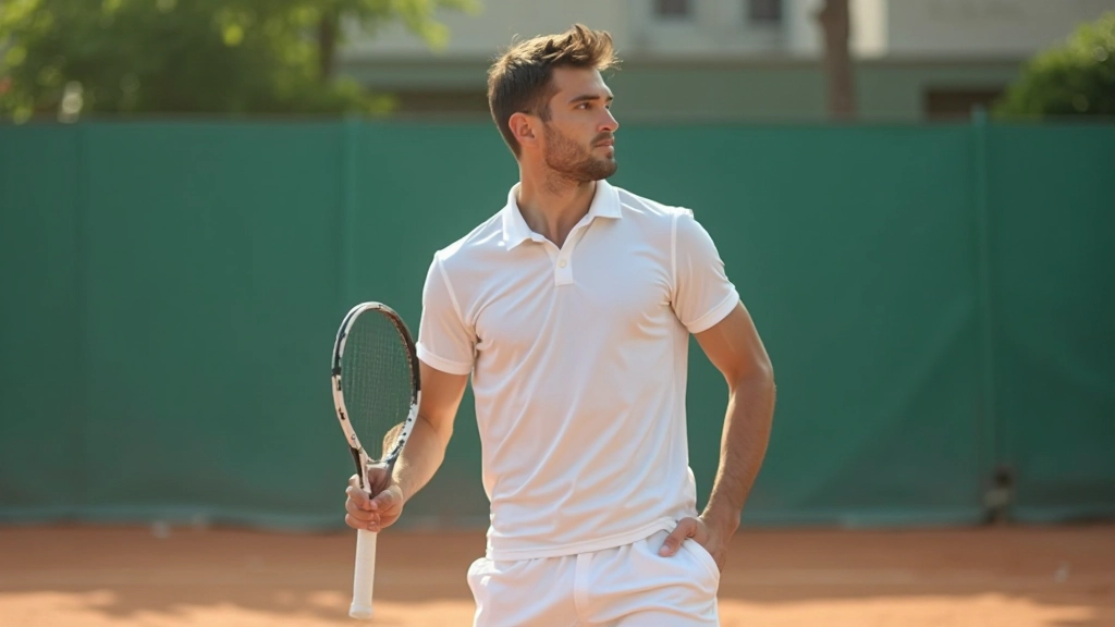 لاعب تنس محترف يقف في موضع جاهزية مثالي مع توازن ممتاز على الملعب الأخضر