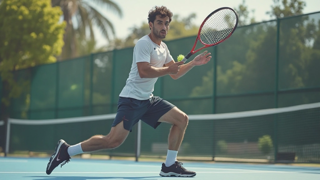 لاعب تنس محترف يقوم بتمرينات سرعة وحركة ديناميكية في الملعب