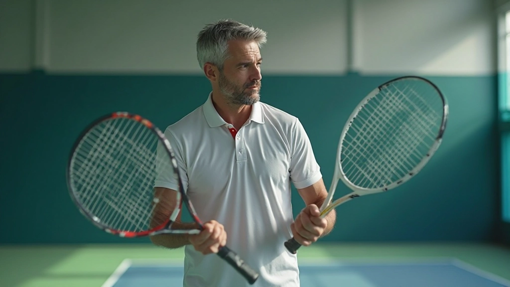 مدرب تنس يقوم بشرح تقنية الضربة الأمامية الصحيحة للاعب شاب في ملعب داخلي حديث