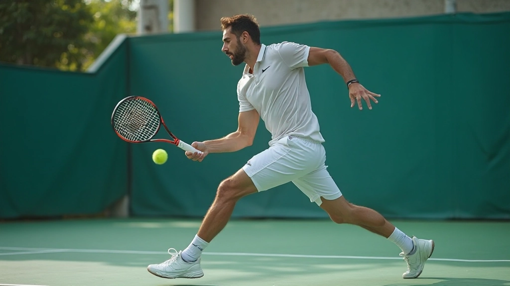 لاعب تنس محترف يقوم بضربة أمامية دقيقة مع توازن مثالي للجسم والتحكم الكامل بالكرة