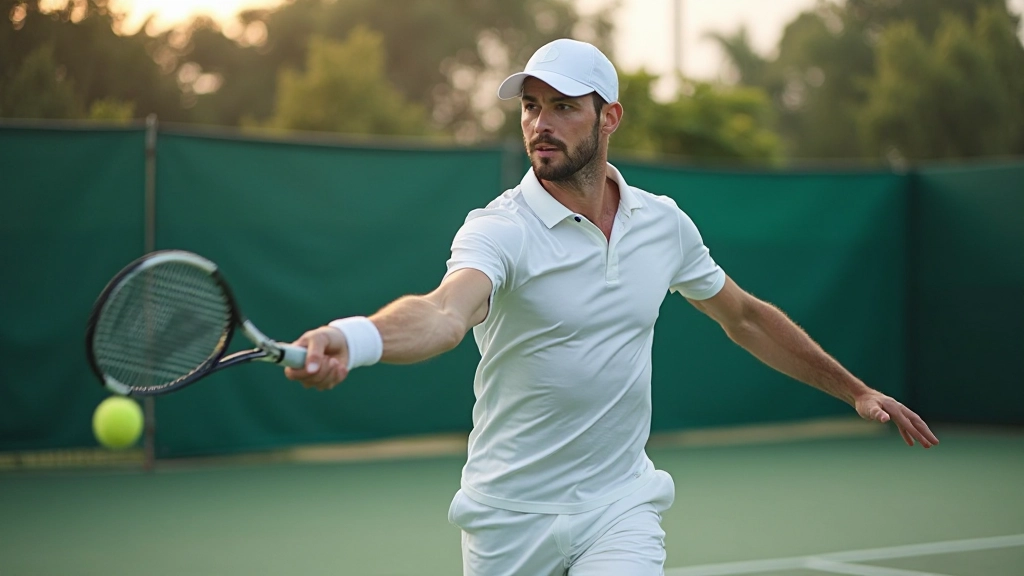 لاعب تنس احترافي يقوم بضربة قوية في ملعب مفتوح مشمس