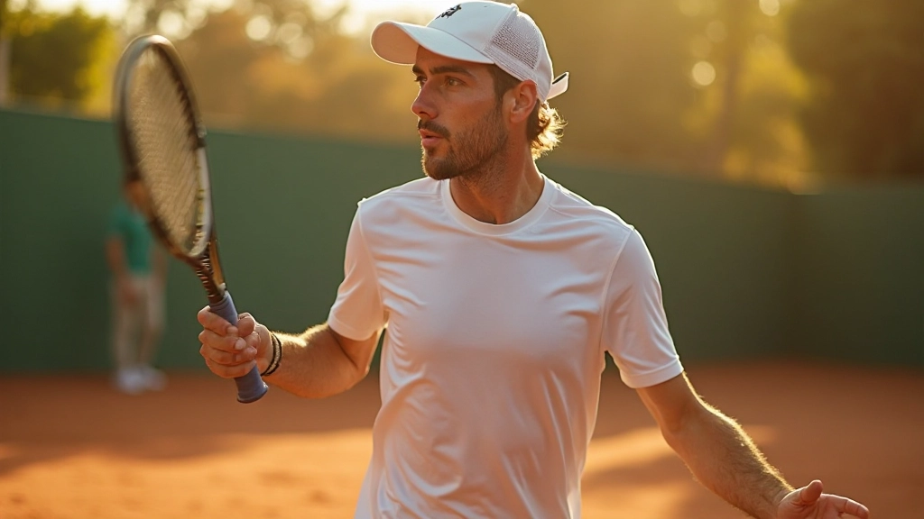 لاعب تنس احترافي يقوم بضربة قوية في ملعب مفتوح